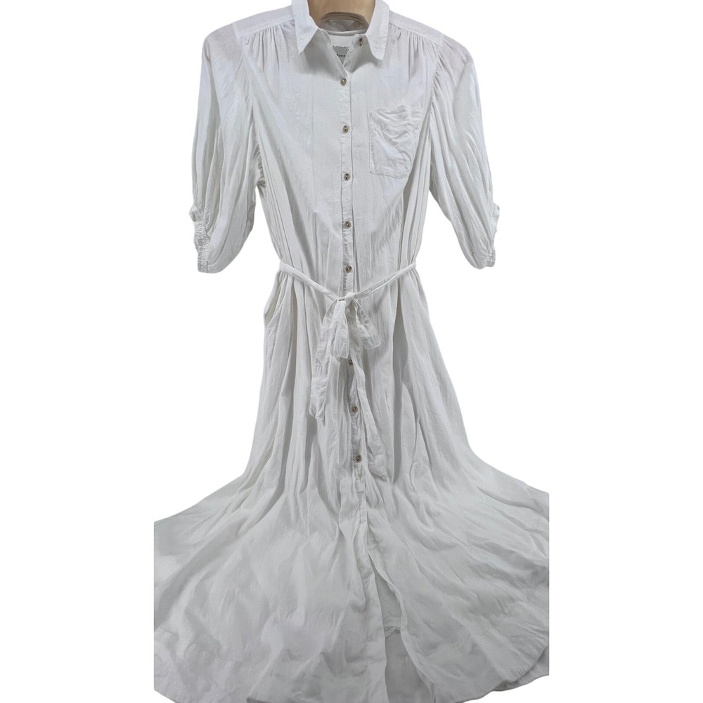 Maeve Anthropologie The Mona White Linen Blend Puff Sleeve Maxi Shirtdress 1X